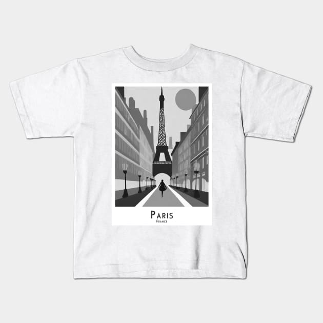 Monochrome Black and White Parisian Dreamscape Kids T-Shirt by POD24